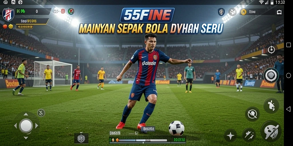Screenshot gameplay 55FIVE menampilkan aksi seru di lapangan sepak bola.