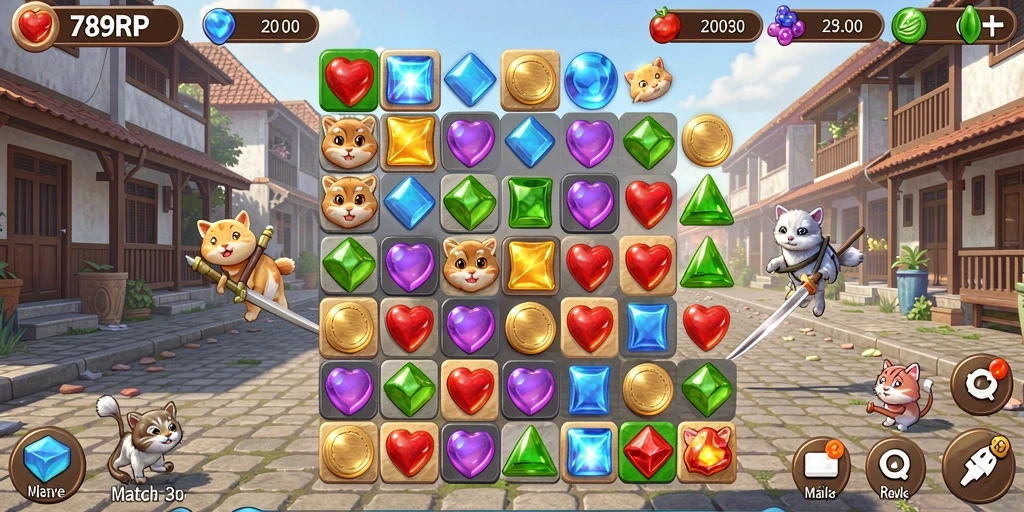 Tangkapan layar gameplay dari 789RP menampilkan aksi mencocokkan permata yang seru.