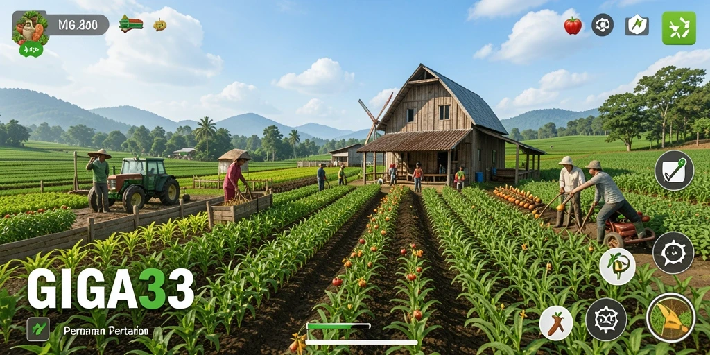 Screenshot gameplay GIGA33 menampilkan aktivitas bertani dan mengelola ladang.