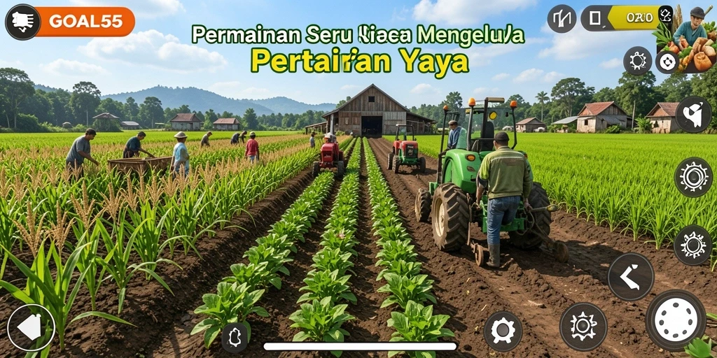 Tampilan gameplay <strong>GOAL55</strong> yang menampilkan aktivitas pertanian yang menyenangkan.