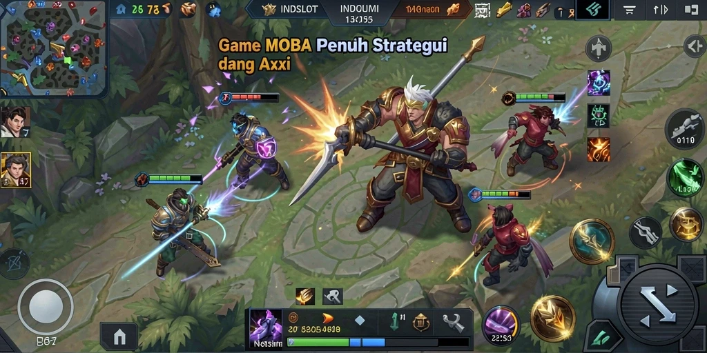 Screenshot gameplay INDSLOT yang menunjukkan aksi pertarungan antar karakter MOBA.