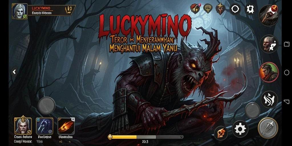 Tangkapan layar utama LUCKYMINO menampilkan suasana gameplay yang mencekam.