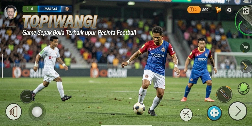 Tangkapan layar utama TOPIWANGI menampilkan aksi pertandingan sepak bola yang seru.