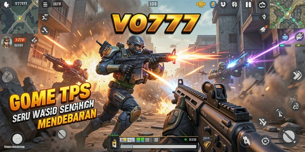 Screenshot VO777 menunjukkan karakter sedang bertempur dalam pertempuran TPS yang intens.